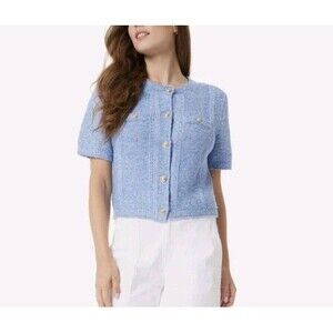 Sam Edelman Women's Colleen Novelty-Stitch Short-Sleeve Cardigan- Blue Yonder -M